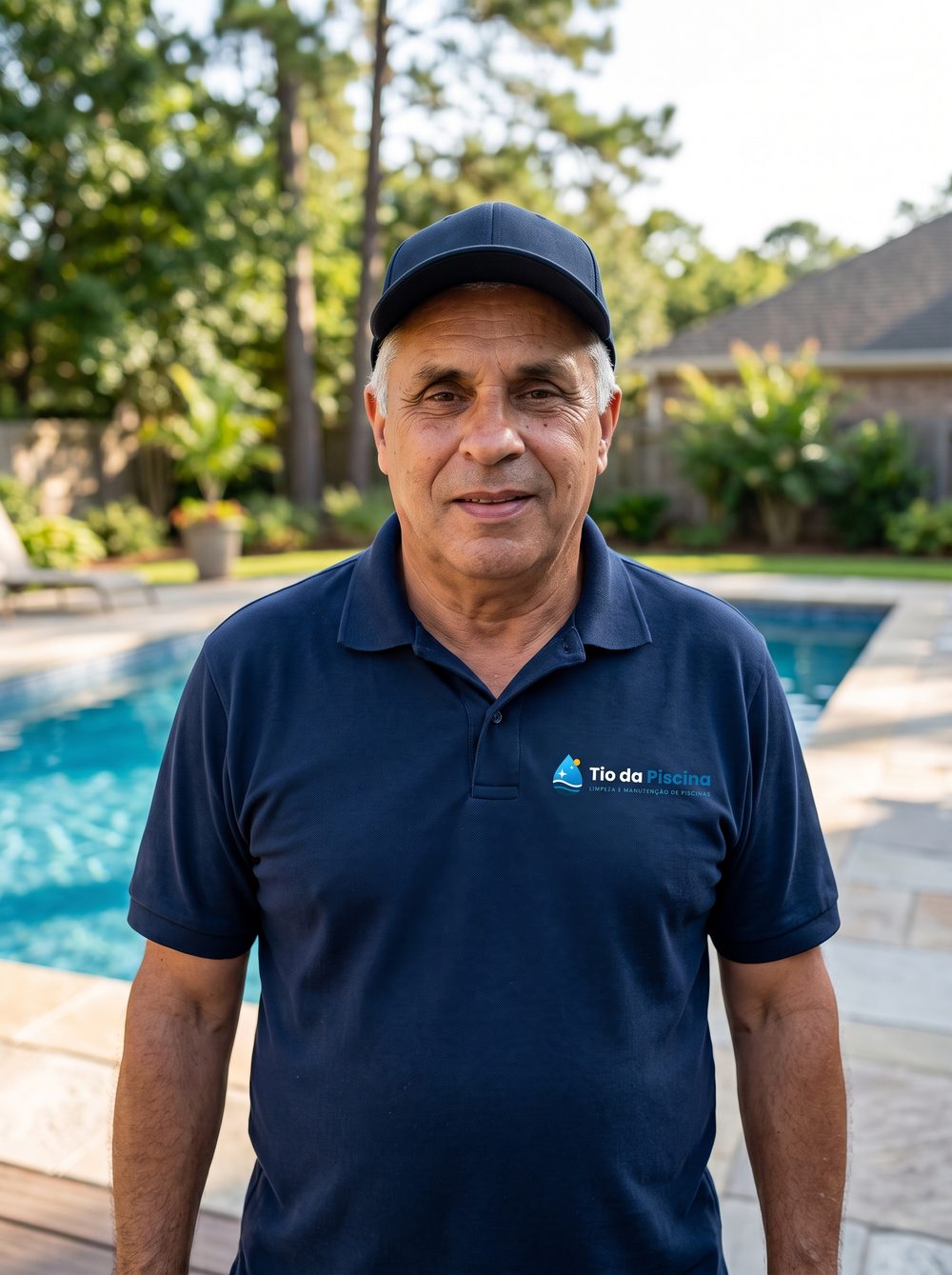 Robson, o Tio da Piscina, com o uniforme da empresa ao lado de uma piscina
